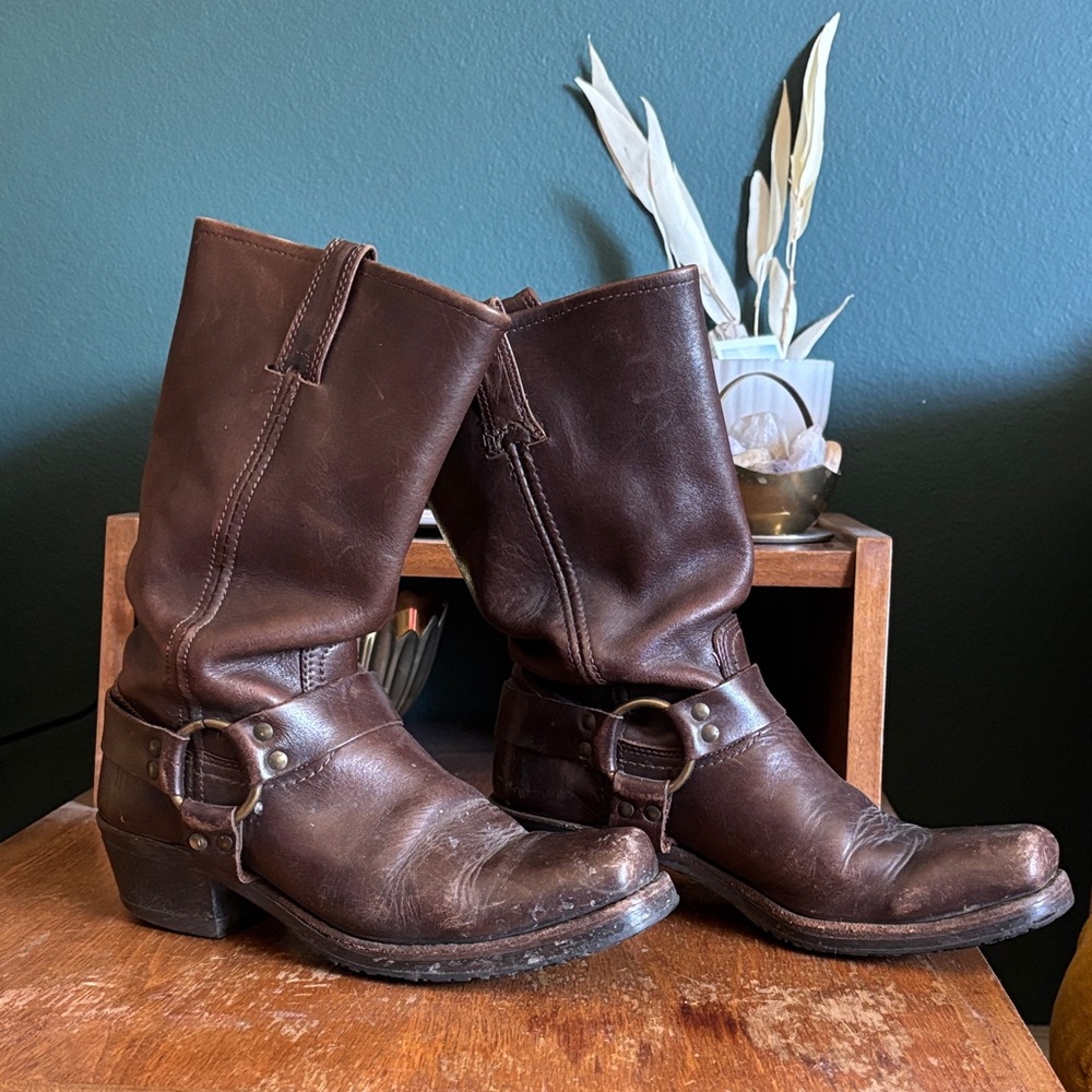 Frye Brown Leather Harness Heeled Boots - Picture 2 of 7